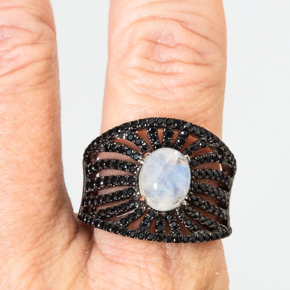 Rarities Carol Brodie moonstone sunburst band pave black spinel & silver 10